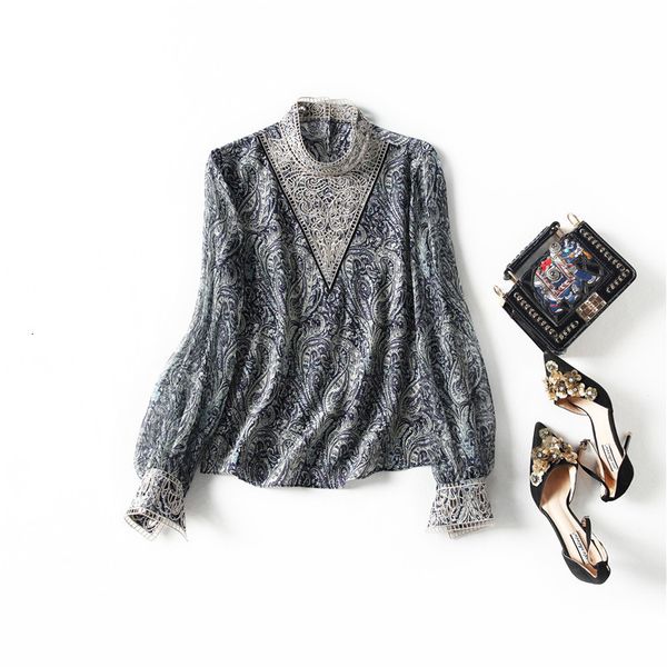 

european and american women's clothing 2021 spring long sleeve embroidered stand collar fashion retro printed silk shirt ydu7, White