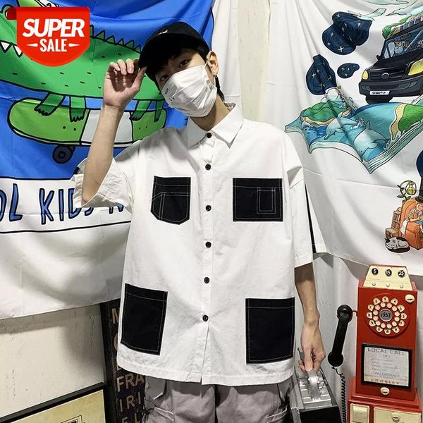

summer men's military style patchwork loose shirts short-sleeved hawaiian shirt french cuff camisa masculina fashion #tp8w, White;black