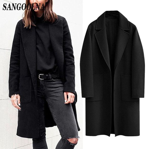 

women's wool & blends womens winter lapel button long trench coat jacket ladies parka overcoat outwear casual autumn fashion women chaq, Black