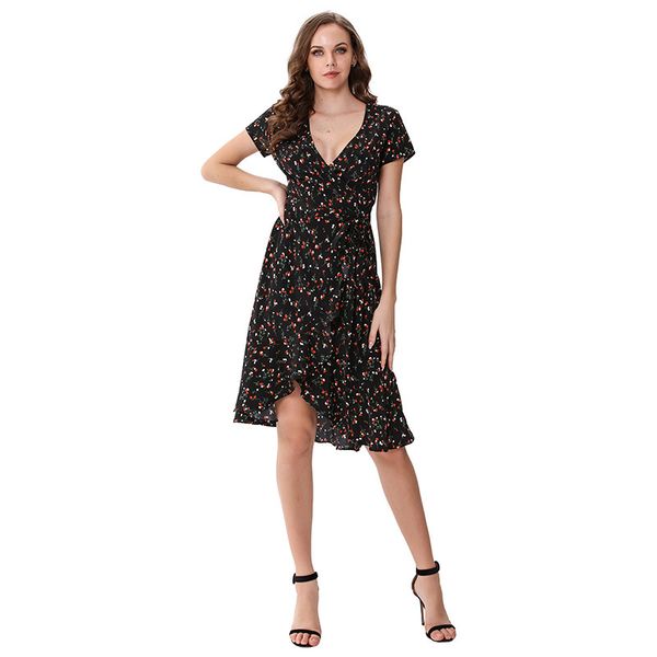 

printed black floral dress for woman short sleeve with low-necked necktie waist to knee dressed in m30580, Black;gray