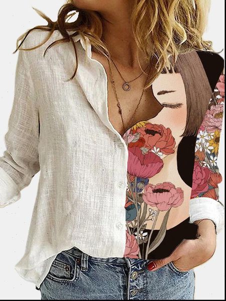 

women shirts vintage floral print blouse shirt autumn casual office loose v neck drop, White