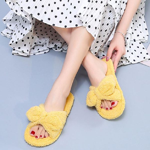 

slippers women house warm winter cute bow flat fur home shoes fashion soft plush non slip bedroom indoor, Black