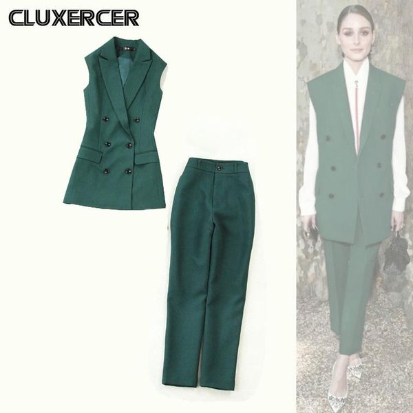 

two piece dress 2 set women 2021 nes spring fashion green suit collar slim office lady vest jacket +ankle-length pencil pants sets, White