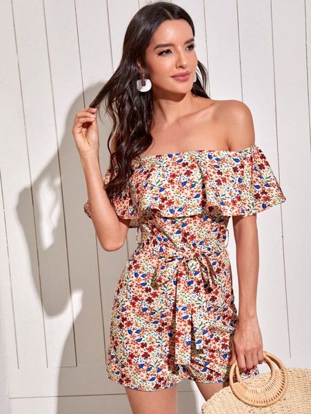 

ditsy floral belted ruffle trim romper j1ct#, White