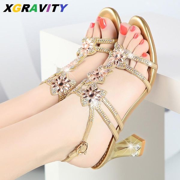 

sandals xgravity d044 plus size 34-41 women heel summer shoes crystal designer dress, Black