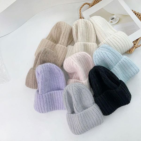 

beanies fur fluffy soft warm beanie winter hat for women wool bonnet thick knitted beautiful skullies angora knit cap