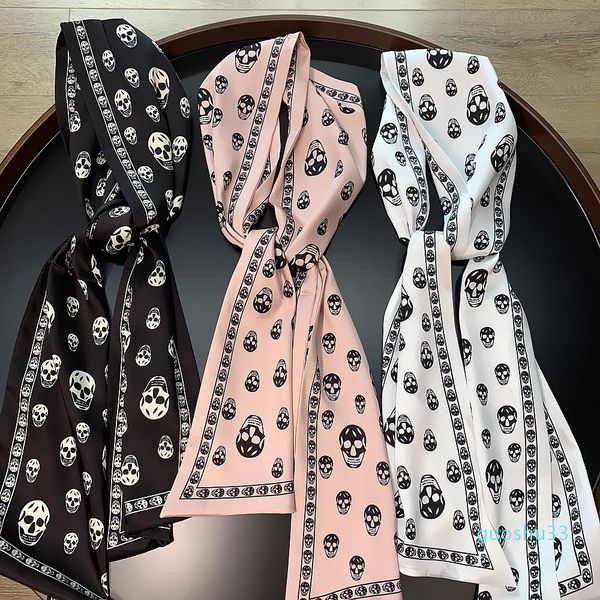 

jimmy tong korean version of the new skull double twill ms. ribbon tied bag handle silk scarf long 160cm head ghost wild small scarf, Blue;gray