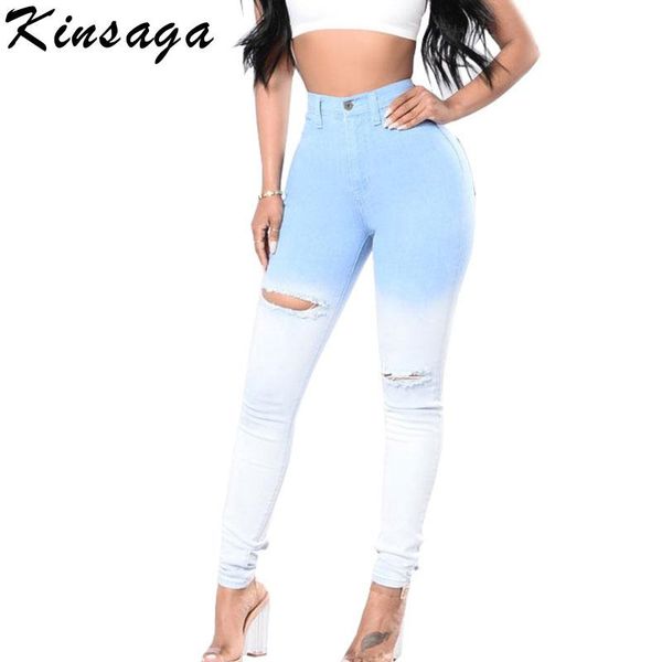 

summer skinny ripped hole gradient pencil jeans women streetwear high waist aesthetic denim pants vintage y2k stretchy trousers women's, Blue