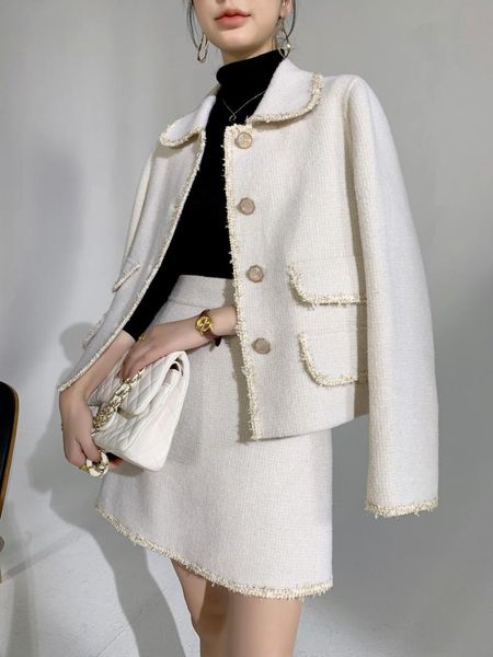 

women's jackets celebrity tweed white small fragrance suit double-sided short coat skirt, Black;brown
