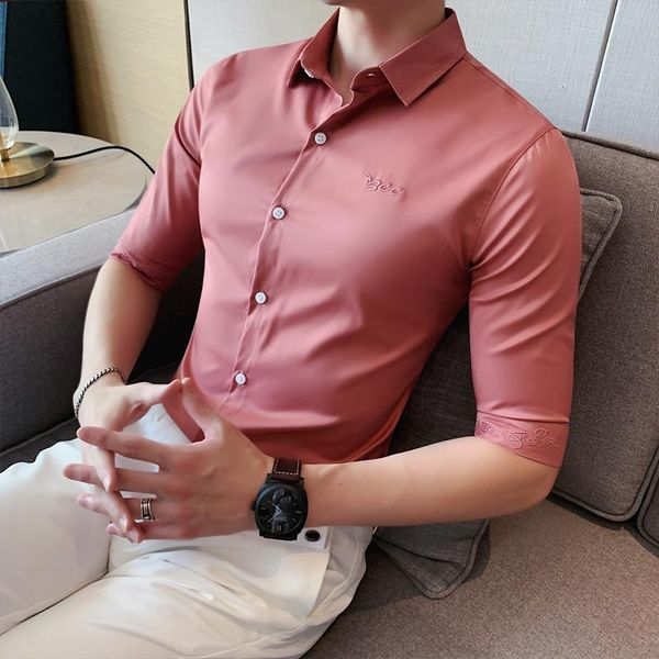 

men's casual shirts solid luxury social embroidery men half sleeve shirt slim fit male business dress, White;black