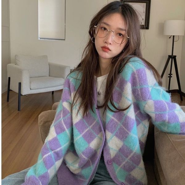 

women's knits & tees autumn new style purple diamond sweater jacket women spring and autumn knit cardigan korean fashion casual to, White