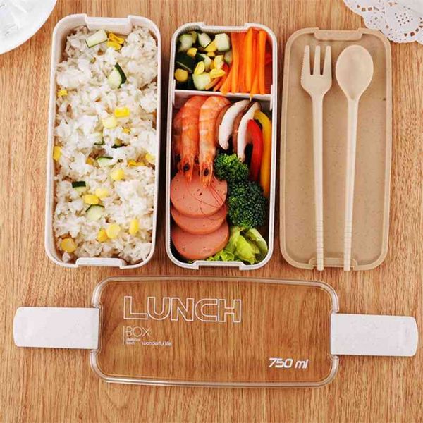 750ml 2 Strati 2 Strati Eco-friendly Box Pranzo Pranzo Materiale di paglia Bento Box Microwavable Dinnerware Pranzo Lunchbox Televiso Contenitore alimentare 210818