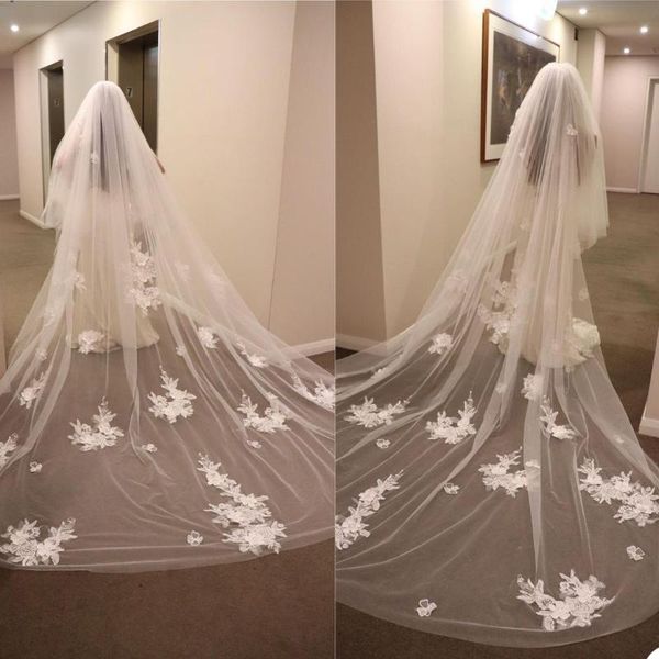 

bridal veils ivory white veil lace appliques beads one layer luxury cathedral length 3m brides wedding shawl with comb, Black