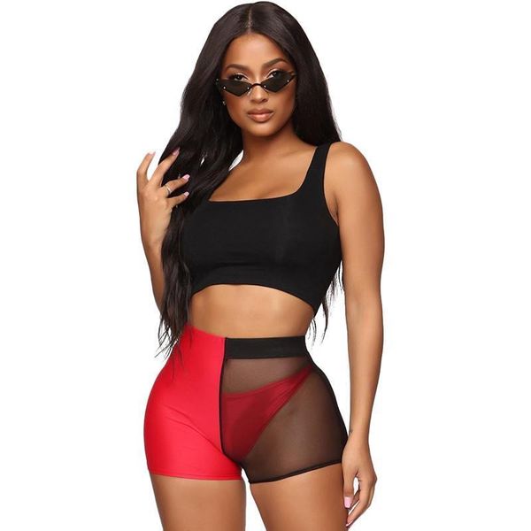 

sets three pieces set summer womens tracksuits beach vacation crop and color block mesh patchwork shorts with underwear, Gray