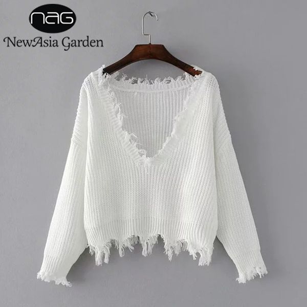 

newasia garden v neck loose fit sweater autumn spring jumper long batwing sleeve tassel winter knitwear pullover outfits 210413, White;black