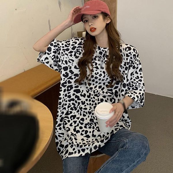 

women's t-shirt summer leopard print short-sleeved women loose bottoming shirt harajuku style casual axqc, White