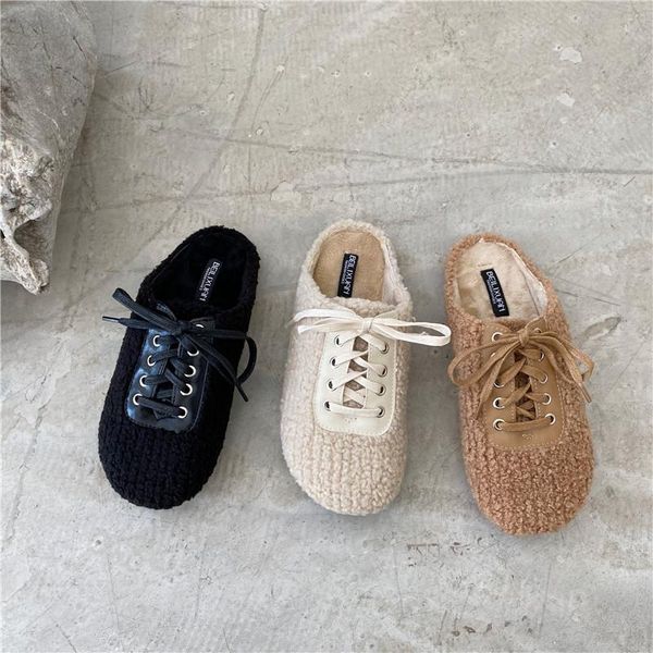 

slippers flock low casual mules for women 2021 fur shoes pantofle luxury plush rubber basic hoof heels round toe pu retro fa, Black