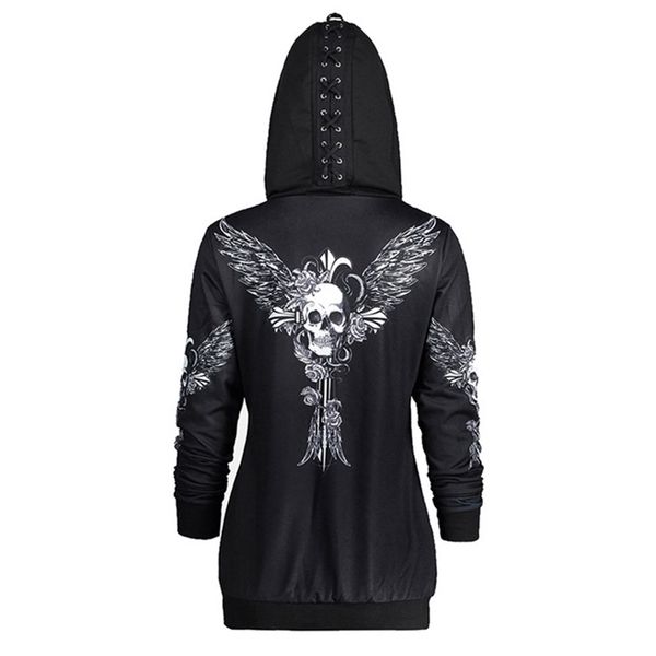 Rosetic Gothic Skull Kapuzenpullover Halloween Mantel Mode Reißverschluss Fitness Streetwear Coole Mädchen Schwarz Hoodie Sweatshirt 210809