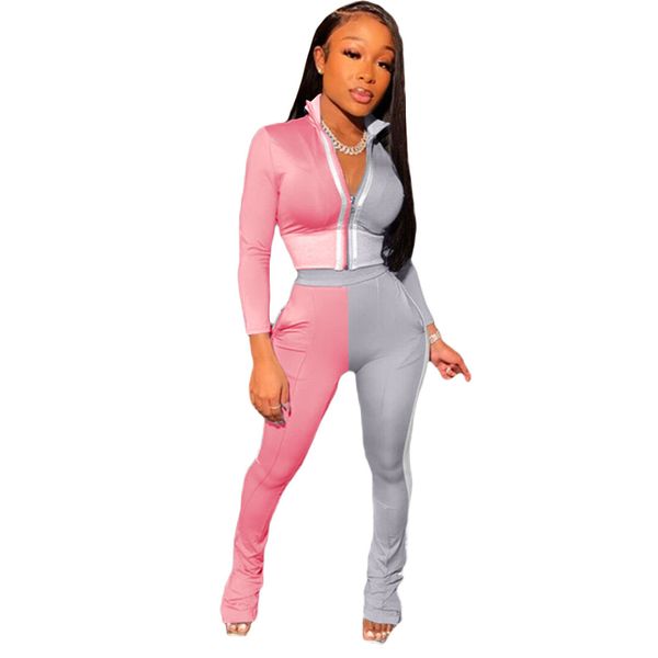 

chandal mujer invierno fall tracksuit women patchwork zipper +skinny elastic waist pencil pants two piece set plus size 210414, White