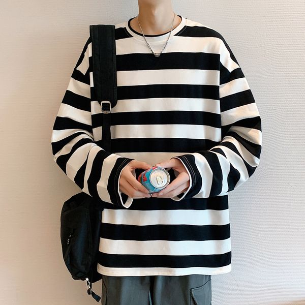 

2021 autumn cotton men's long sleeve round neck striped t-shirt loose casual bottomed shirt, White;black
