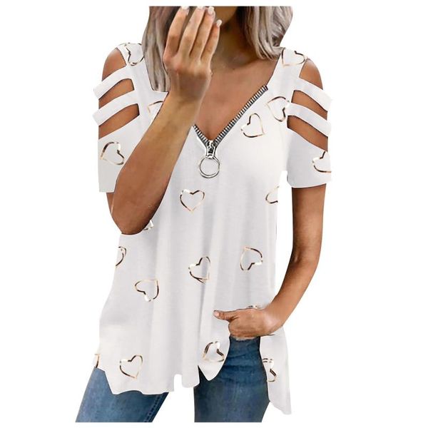

women's t-shirt feitong love heart tshirt women v-neck collar zipper short sleeve fold casual blusas streetwear t shirt, White