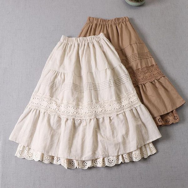 

japanese female art embroidery hollow-out linen skirts spring mori girl, Black