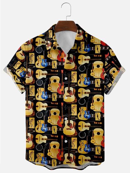 

men's casual shirts verão 2021 camisa de manga curta plus tamanho guitarra impressão digital masculina, White;black