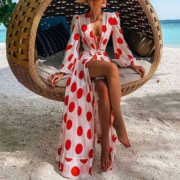 

casual dresses women spring v neck polka dot long sleeve lace up slim female chic split wrap boho beach vestidos wtul, Black;gray
