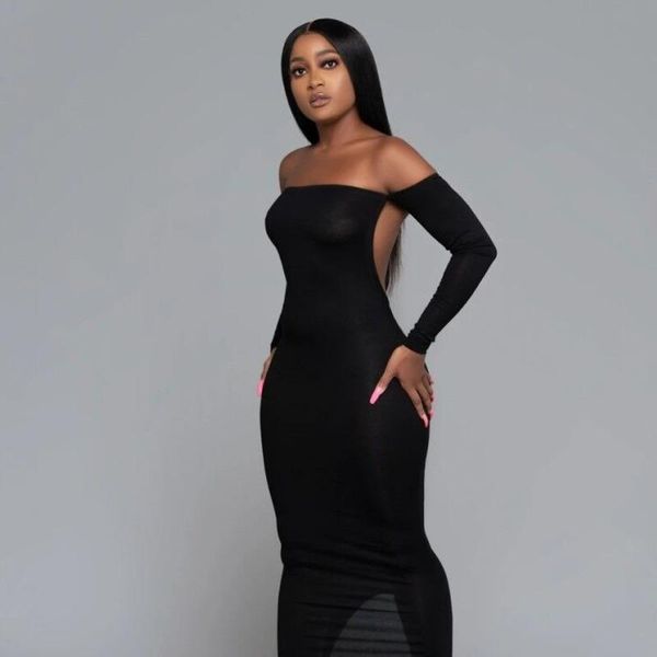 

casual dresses kgfigu black backless tight bodycon women off the shoulder party slim soft vestidos lady streetwear clothes, Black;gray