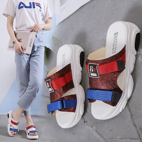 

slippers open toe narrow band sports slides women med fashion outside summer flat with mixed colors ladies shoes canvas, Black