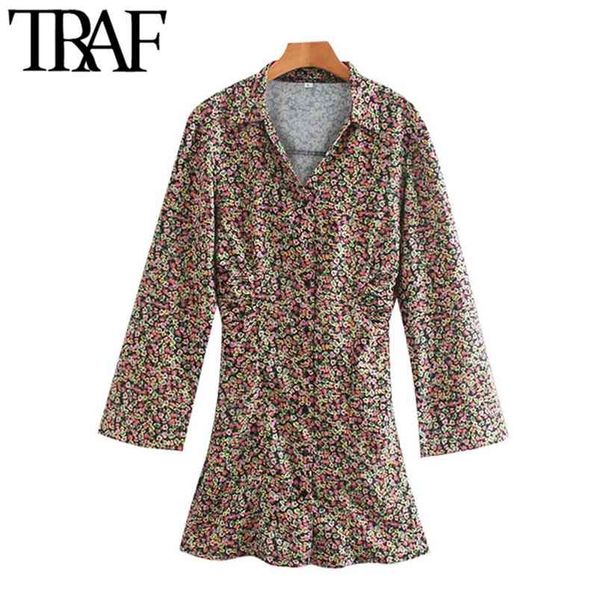 

women chic fashion floral print pleated mini dress vintage v neck long flare sleeve female dresses vestidos 210507, Black;gray