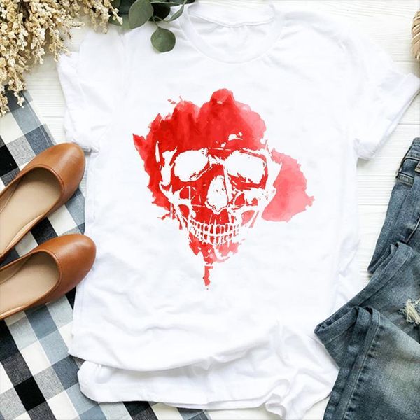 

watercolor printing skull cute women t shirt autumn halloween print tee clothes graphic, White