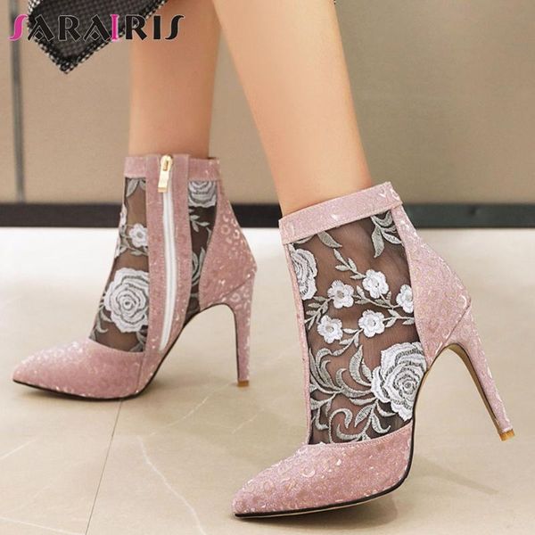 

dress shoes sarairis ladies high thin heels boots cool print pointed toe summer women breathable embroider woman, Black