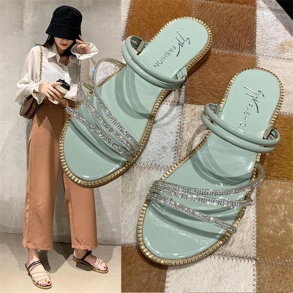 

women's shoes flat sandals summer rhinestone two-wear one-line slippers, Black