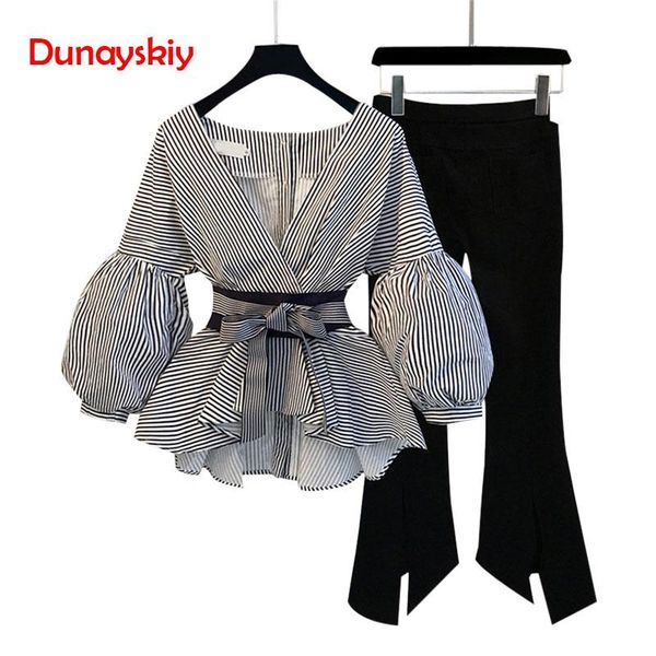 

fashion puff sleeve blusas + flare pants 2 pcs women suits 2021 striped blouse & wide leg set with sashes women's two piece, White