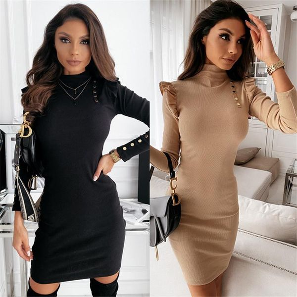 

elegant women mini dress winter turtleneck rivet bodycon plus size 3xl, Black;gray