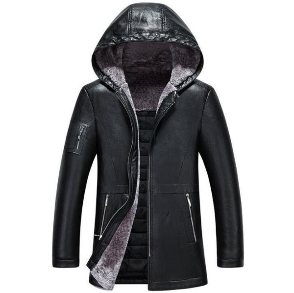 

men's fur & faux casual clothes hooded leather jacket plus size warm winter velvet thickening outerwear m-4xl, Black