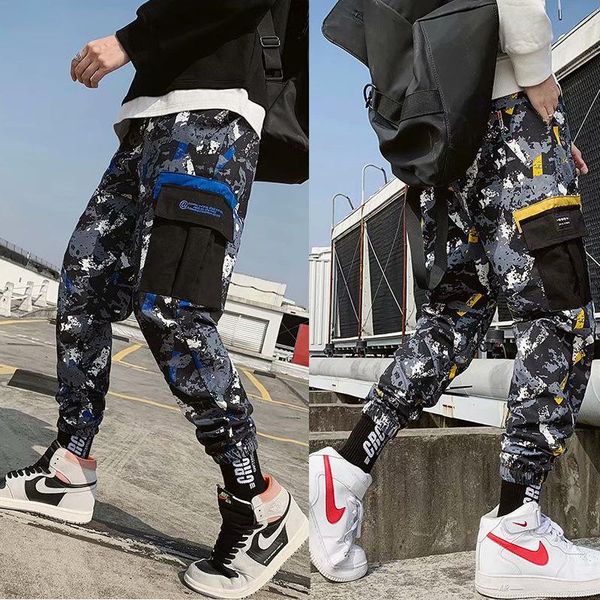 

muti pockets cargo camouflage pants men hip hop mens harem pant streetwear harajuku jogger sweatpant cotton trouser men's, Black