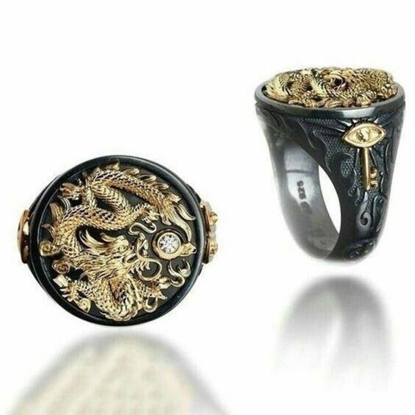 

cluster rings men's gold two tone black color crystal dragon pattern personality punk jewelry for women size 7-13, Golden;silver