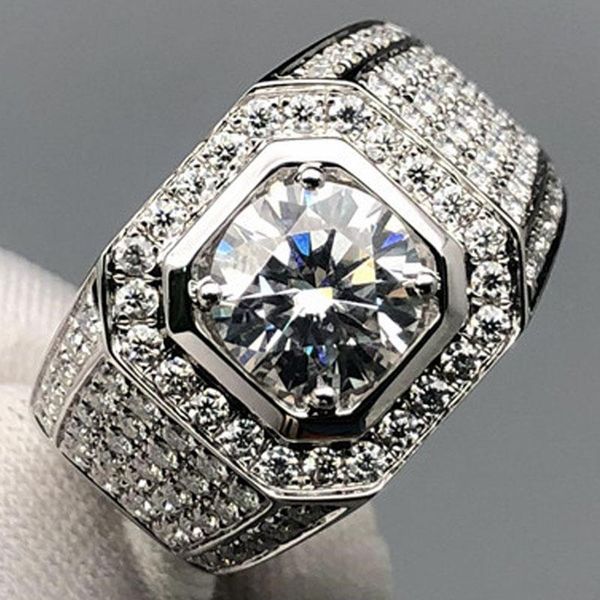 

white gold 1 2 3 4 5 round moissanite diamond ring men wedding party anniversary engagement hiphop rock cluster rings, Golden;silver