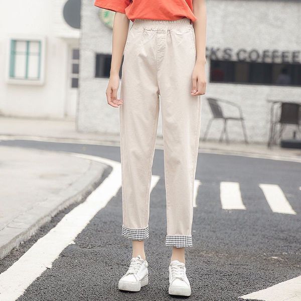 

capris arrival preppy spring style summer elastic waistline girl straight all combined casual cotton loose hare pants s284, Black;white