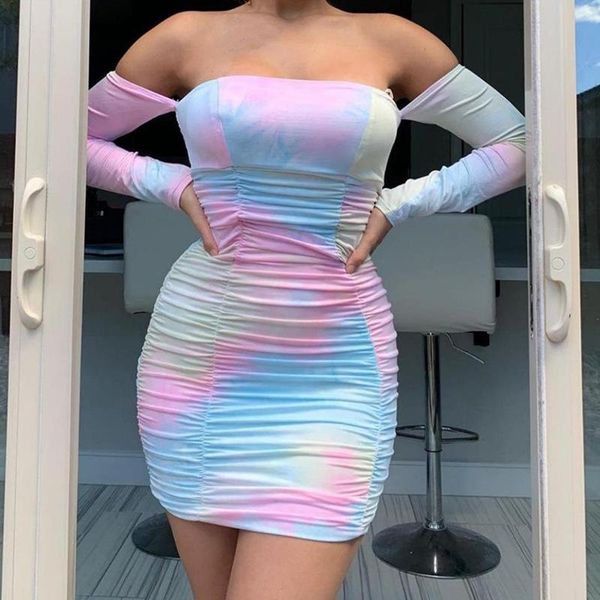 

women dress fashion tie dye strapless long sleeve mini dresses bodycon club feminina casual, Black;gray
