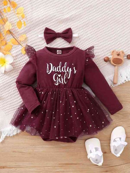 

baby slogan graphic star mesh ruffle trim bodysuit & headband she, Blue