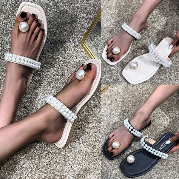 

slippers fashion slipper for women square toe summer casual tip flat with pearl solid color rome sandals beach shoes sandalias mujer, Black