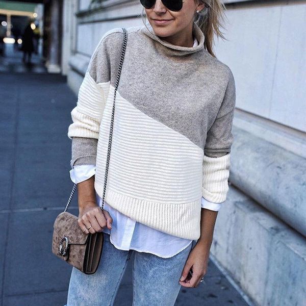

women's sweaters 2021 arrival patchwork turtleneck pullover women knitwear autumn winter and pullovers casual knitted jumper, White;black