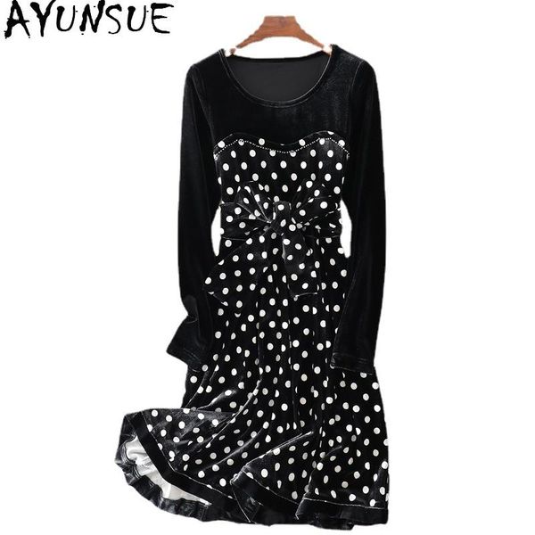 

casual dresses ayunsue 2021 autumn dress woman vintage velvet famale slim long sleeves women clothing vestidos mujer sqq49, Black;gray