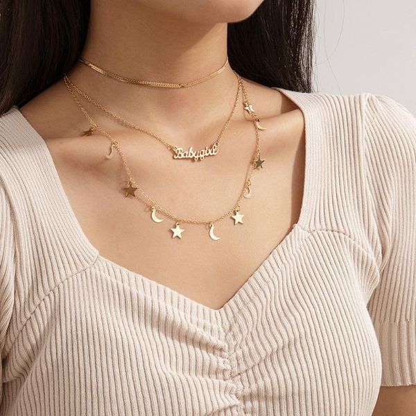

gold star moon english alphabet pendant necklaces for women vintage fashion multilevel chains female jewelry gift, Silver