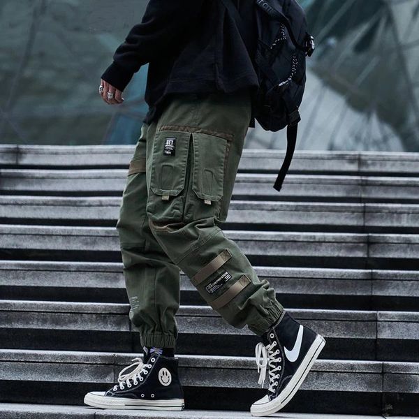 

men's pants mens cargo men fashion 2021 spring side pockets hip hop harajuku joggers japanese streetwear trousers, Black