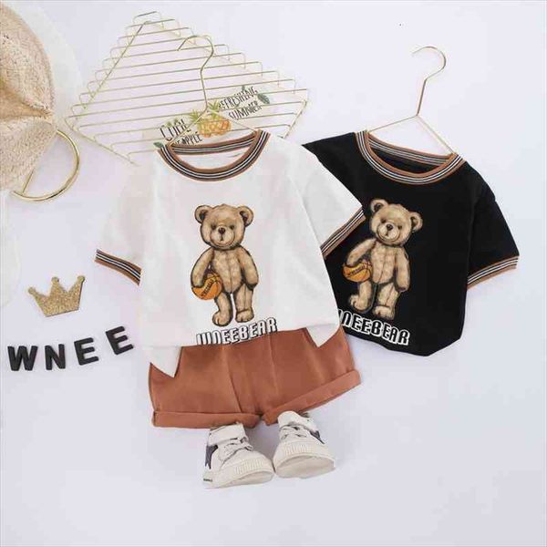 

childrens clothing summer baby kids boys girls bear print casual suit t shirt shorts 2 set, White