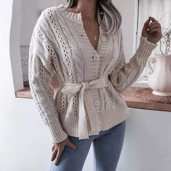 

women's knits & tees woman sweaters cardigan autumn winter long sleeve loose knitwear lace up warm tunic casual streetwear clothes, White